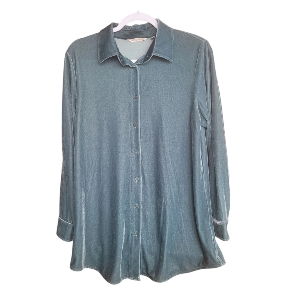 Soft Surroundings Velvet Boyfriend Tunic Shirt Top Blouse Small Green Button Up